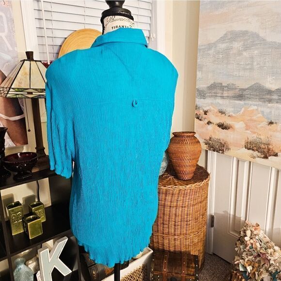 Vtg Melrose Rayon Blend Teal Ribbed Button Front Casual Blouse. - Picture 6 of 13